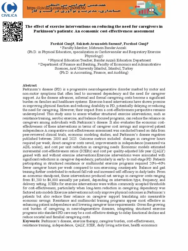 The effect of exercise interventions on reducing the need for caregivers in Parkinson's patients: An economic cost-effectiveness assessment