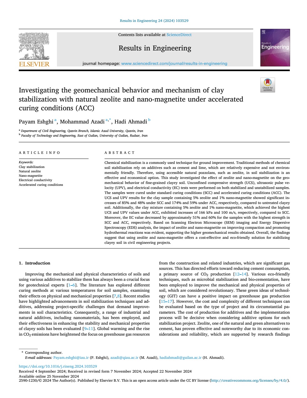 Investigating the geomechanical behavior and mechanism of clay stabilization with natural zeolite and nano-magnetite under accelerated curing conditions (ACC)