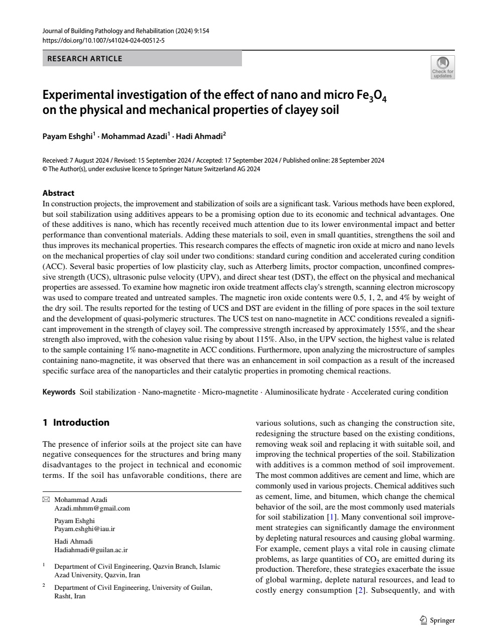 Experimental investigation of the effect of nano and micro Fe3O4 on the physical and mechanical properties of clayey soil