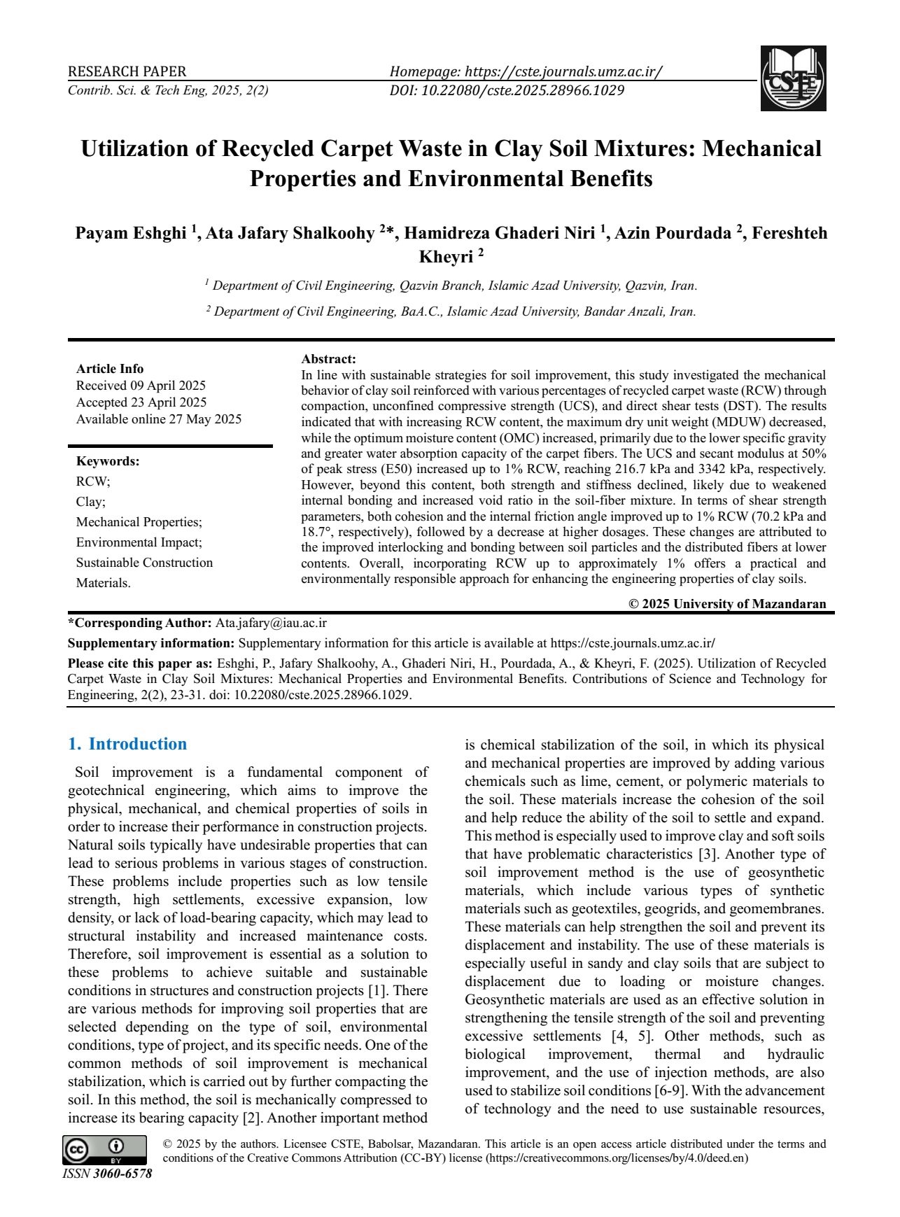 Utilization of Recycled Carpet Waste in Clay Soil Mixtures: Mechanical Properties and Environmental Benefits