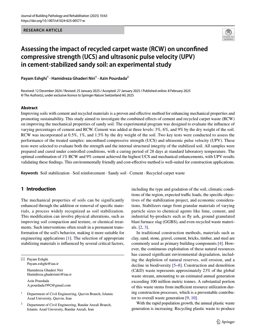 Assessing the impact of recycled carpet waste (RCW) on unconfined compressive strength (UCS) and ultrasonic pulse velocity (UPV) in cement-stabilized sandy soil: an experimental study