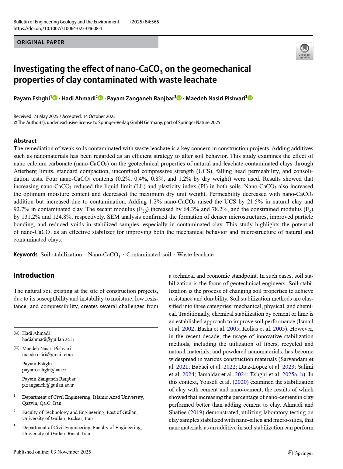Investigating the effect of nano-CaCO3 on the geomechanical properties of clay contaminated with waste leachate