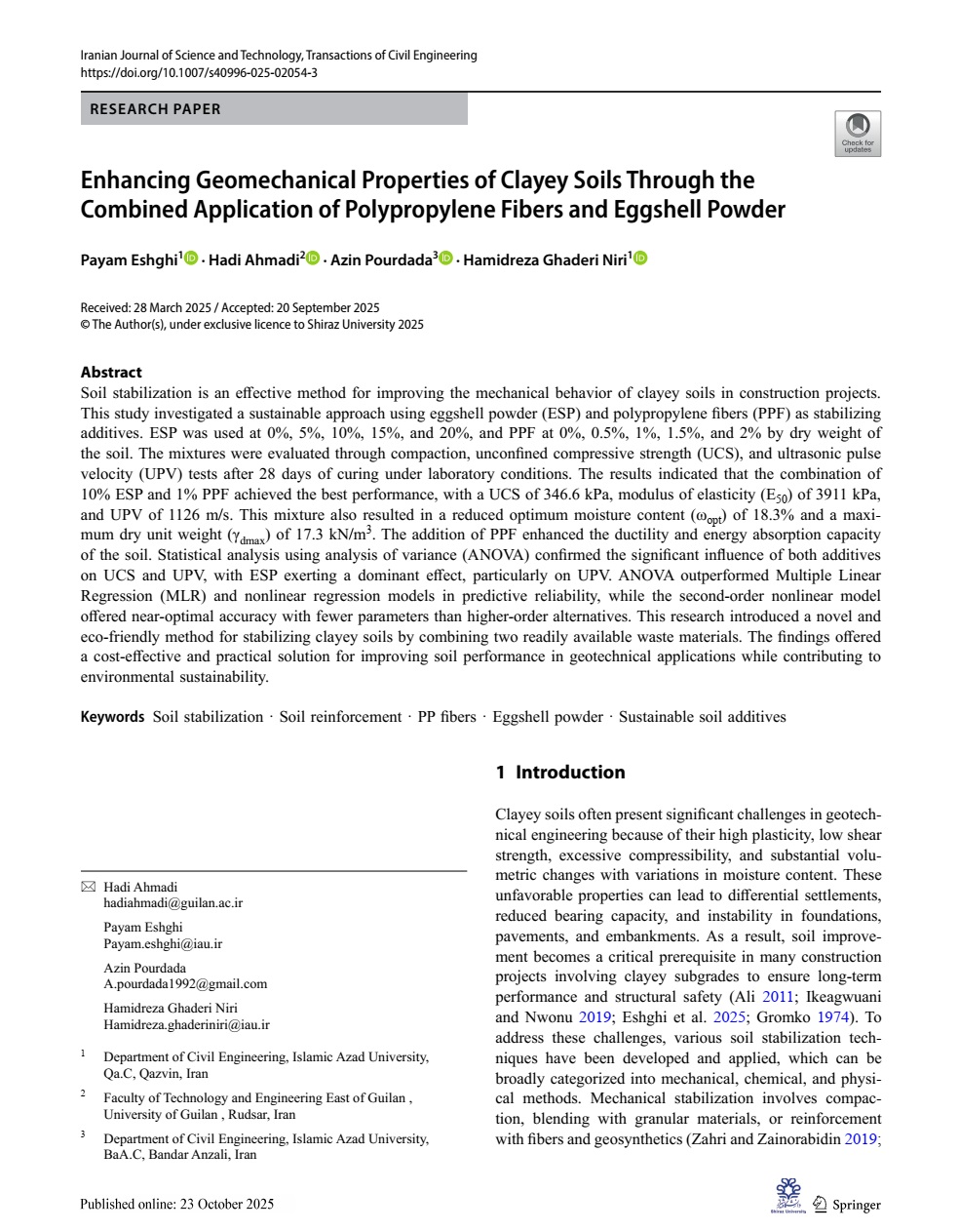 Enhancing Geomechanical Properties of Clayey Soils Through the Combined Application of Polypropylene Fibers and Eggshell Powder
