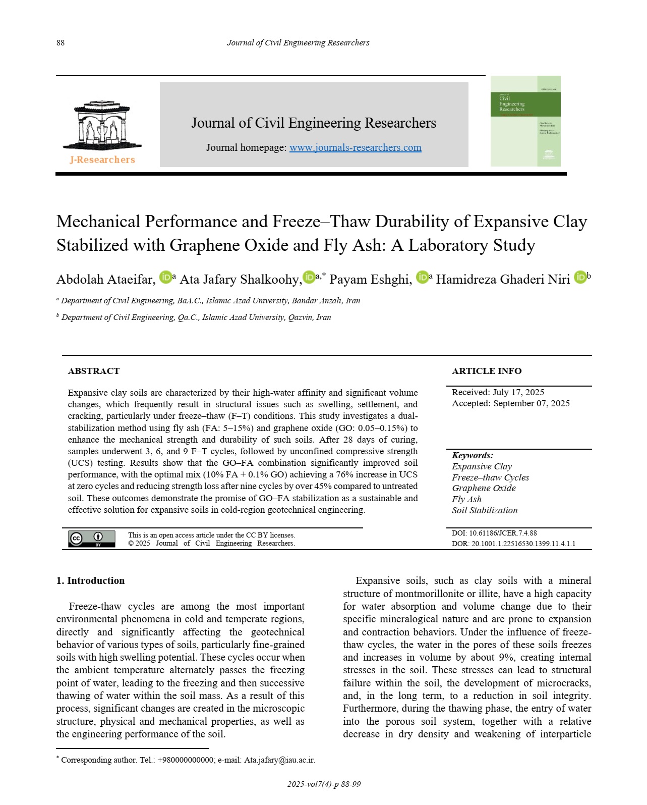 Mechanical Performance and Freeze–Thaw Durability of Expansive Clay Stabilized with Graphene Oxide and Fly Ash: A Laboratory Study