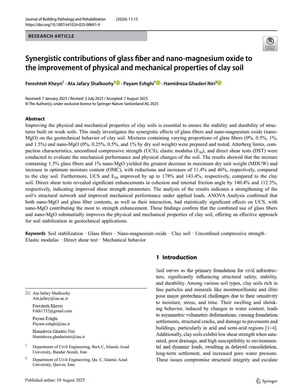 Synergistic contributions of glass fiber and nano-magnesium oxide to the improvement of physical and mechanical properties of clay soil
