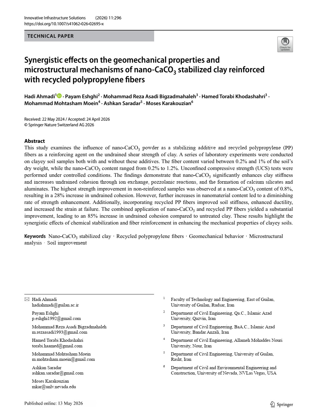 Synergistic effects on the geomechanical properties and microstructural mechanisms of nano-CaCO3 stabilized clay reinforced with recycled polypropylene fibers