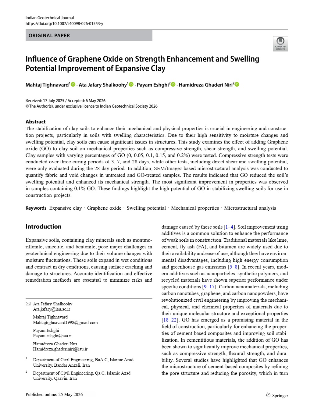 Influence of Graphene Oxide on Strength Enhancement and Swelling Potential Improvement of Expansive Clay