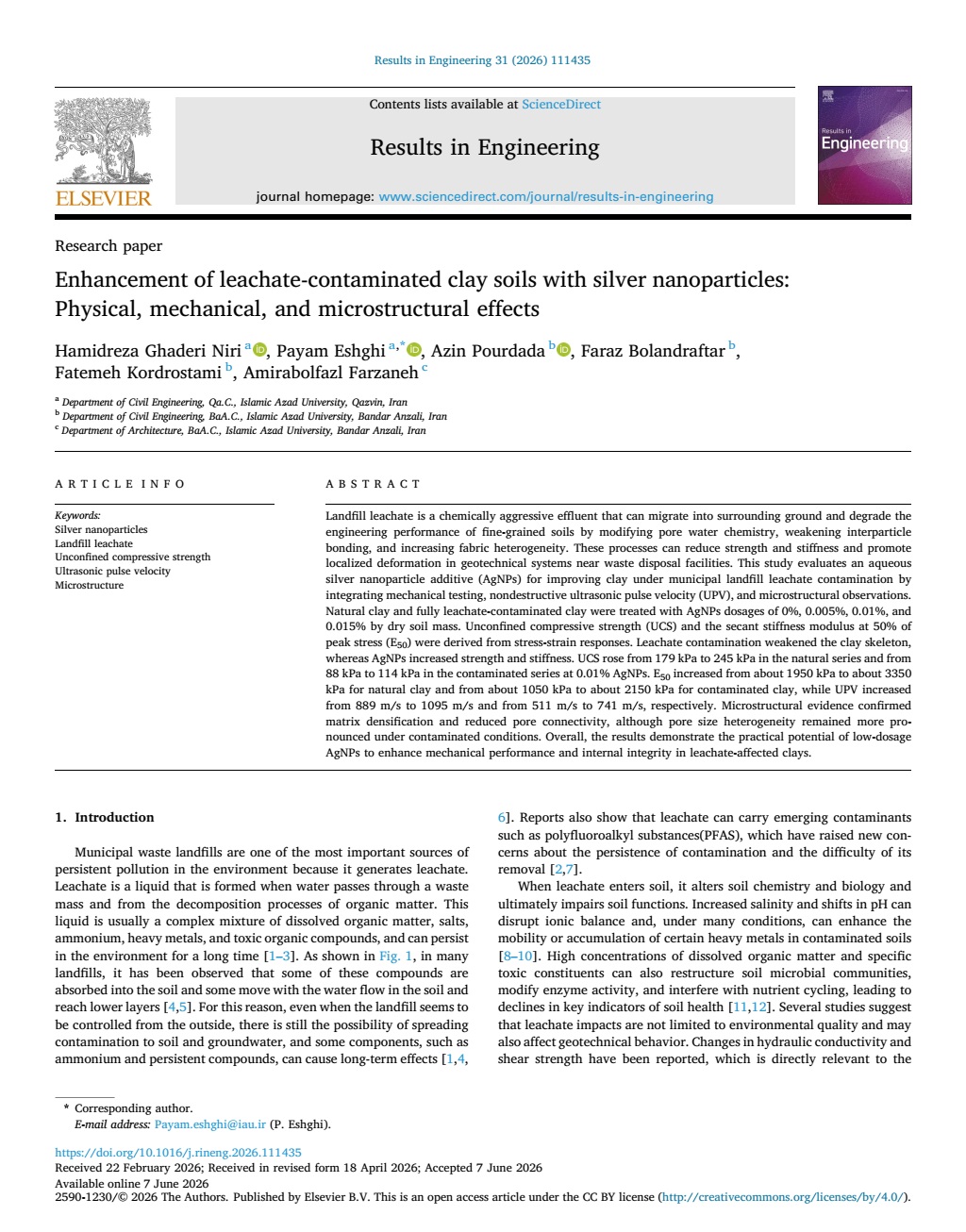 Enhancement of leachate-contaminated clay soils with silver nanoparticles: Physical, mechanical, and microstructural effects